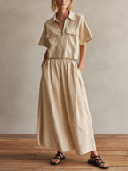 Casual Half-zip Short-sleeved Cotton Top And Skirt Two-piece Set