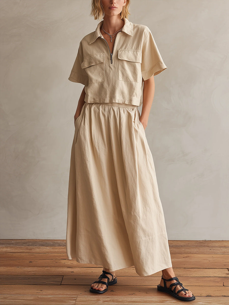 Casual Half-zip Short-sleeved Cotton Top And Skirt Two-piece Set
