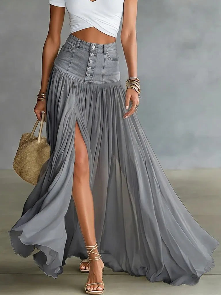 Casual Spliced chiffon And Denim Skirt