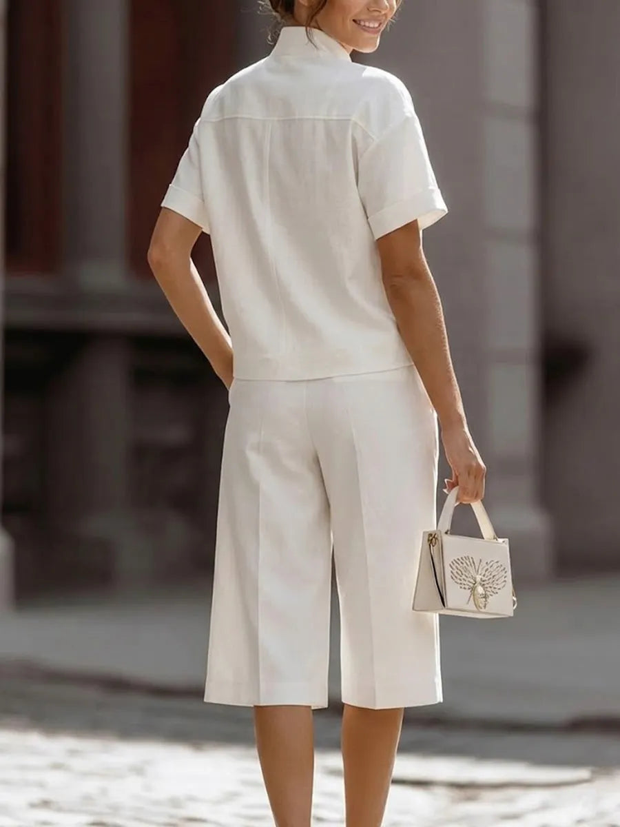 Women's V-neck Short-sleeved Casual Loose Cotton Linen Top And High-waisted Casual Loose Wide-leg Pants Cotton Linen Set