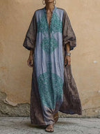 Women's Vintage-print V-neck 3/4-sleeve Casual Loose Cotton-linen Dress
