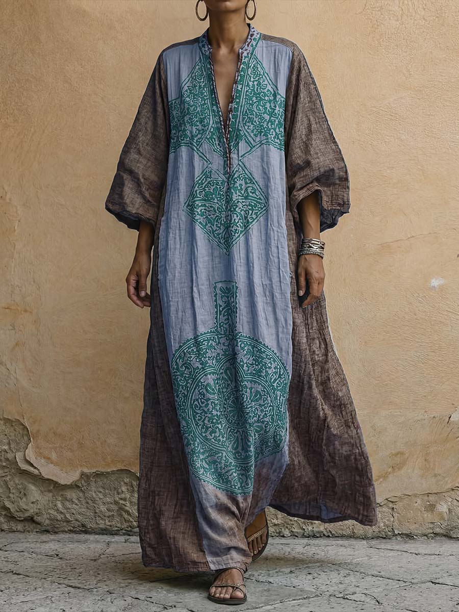 Women's Vintage-print V-neck 3/4-sleeve Casual Loose Cotton-linen Dress
