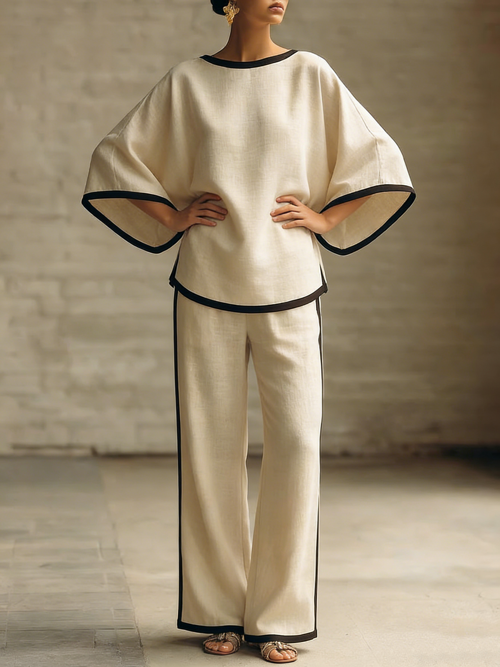 Elegant Trimmed Edge Loose Batwing Sleeve Cotton Linen Two-piece Set