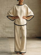 Elegant Trimmed Edge Loose Batwing Sleeve Cotton Linen Two-piece Set