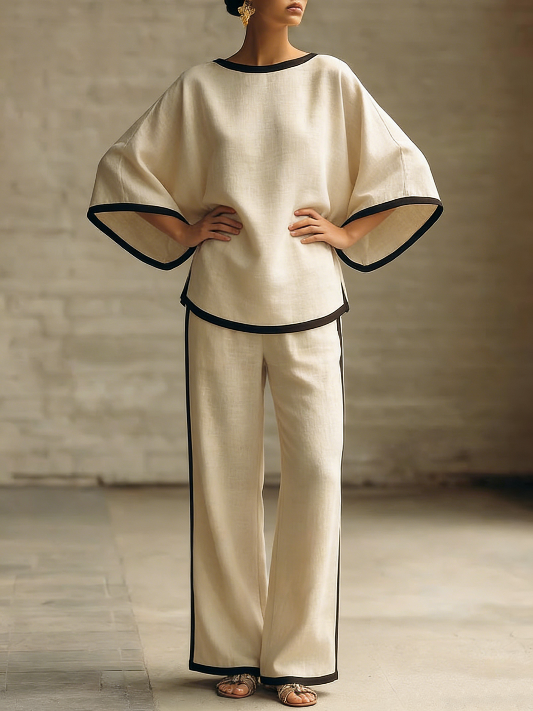 Elegant Trimmed Edge Loose Batwing Sleeve Cotton Linen Two-piece Set