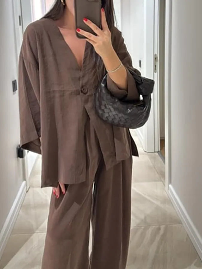 Women's Casual Solid Color Cotton and Linen Top and Pants Set