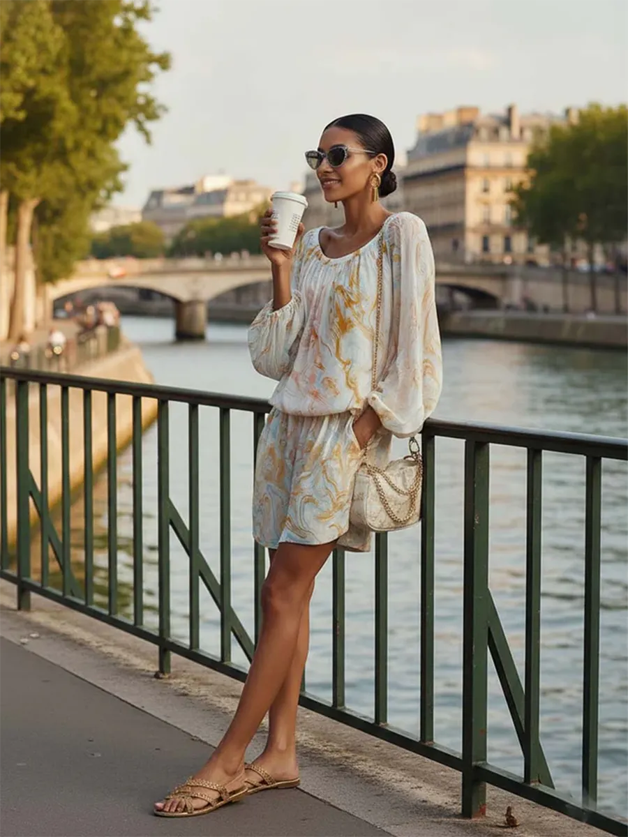 Boho Vintage Print Shirt & Shorts Two-piece Set