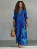 Casual Two-piece Set: Asymmetrical-hem Linen-cotton Top And Paisley-print Pants