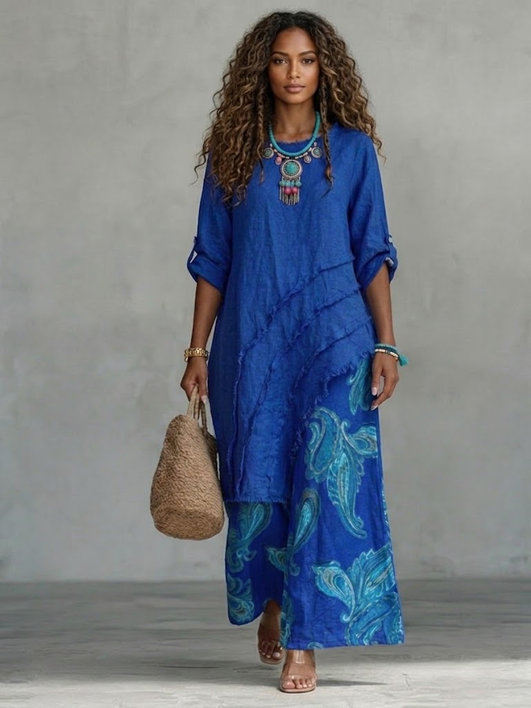 Casual Two-piece Set: Asymmetrical-hem Linen-cotton Top And Paisley-print Pants