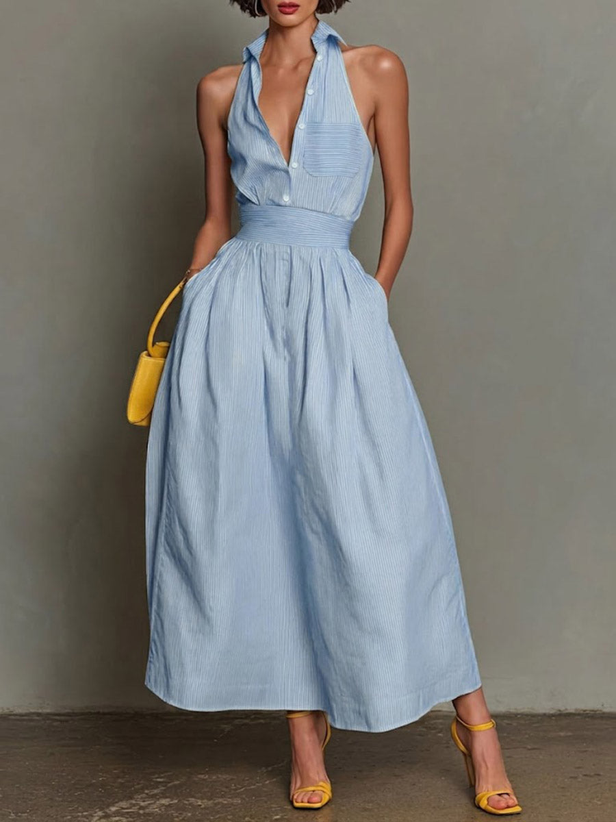 Women's Striped Print Lapel Sleeveless Casual Loose Cotton-linen Top & High-waisted A-line Skirt Set
