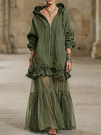 Women's Retro Hooded Zip Ruffled Denim Organza Patchwork Art Casual Maxi Dress