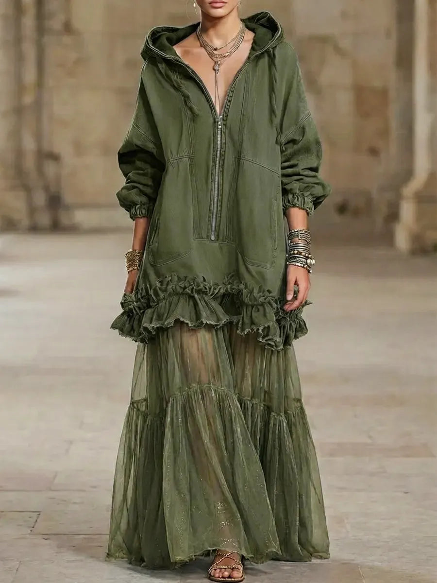 Women's Retro Hooded Zip Ruffled Denim Organza Patchwork Art Casual Maxi Dress