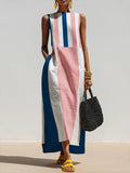 Women's Geometric Print Boat-neck Sleeveless Casual Loose Cotton-linen Dress