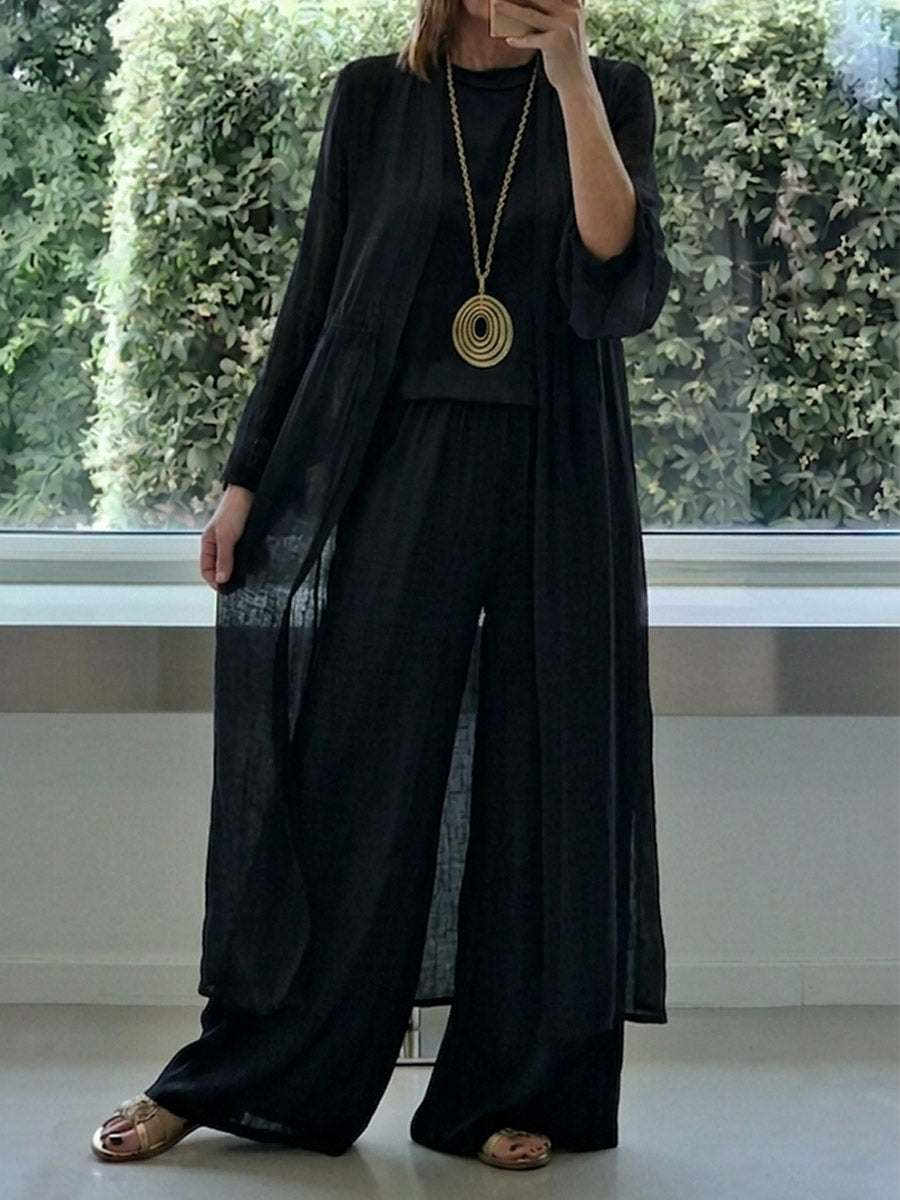 Women's Flowy, Solid-color Casual Cotton-linen Three-piece Set