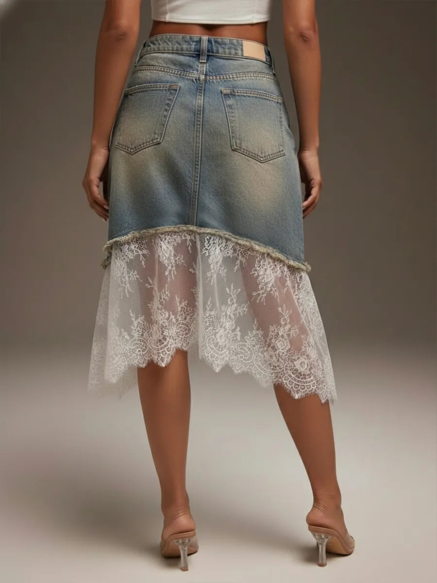 Casual Lace-paneled Denim Skirt