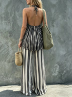 French-style Halter-neck Striped Topï1⁄4wide-leg Pants Two-piece Set