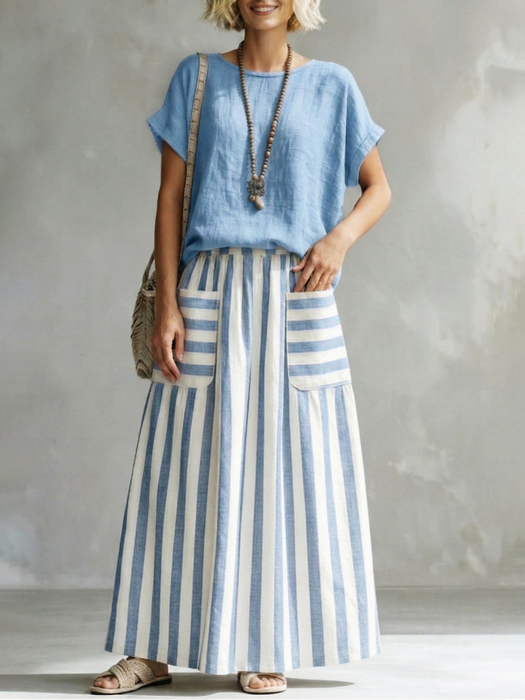Cozy Classic Striped Cotton-linen Two-piece Set