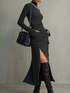 Stylish Casual Zipper Design Tops And Irregular Skirt Stretch Set