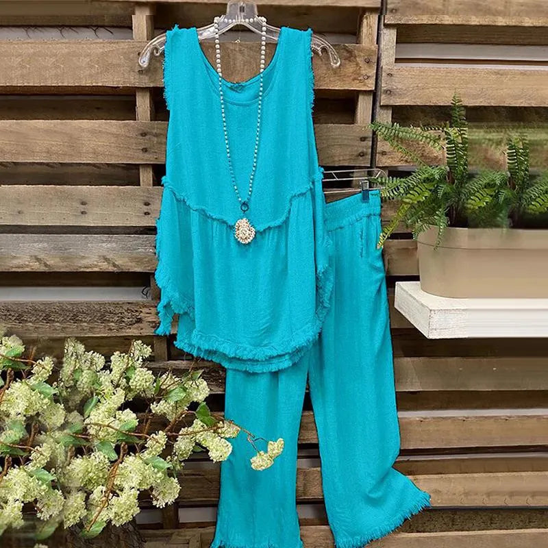 Tassel Sleeveless Top Straight Pants Two-Piece Set