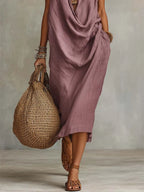 Women's Solid Color Swing Collar Art Stylish Cotton Linen Casual Dress