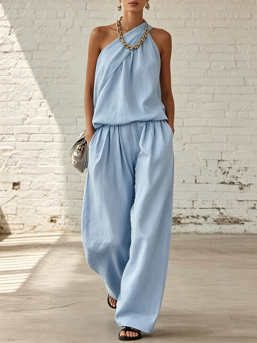 Solid-color Sleeveless Solid-color Double-layer Top & Wide-leg Pants Set