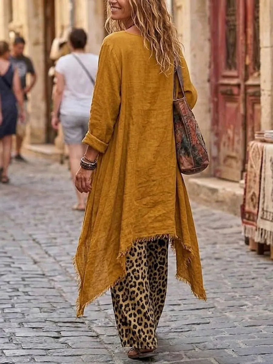 Two-piece Set Featuring An Asymmetrical Cowl-neck Top And Leopard-print Casual Trousers.