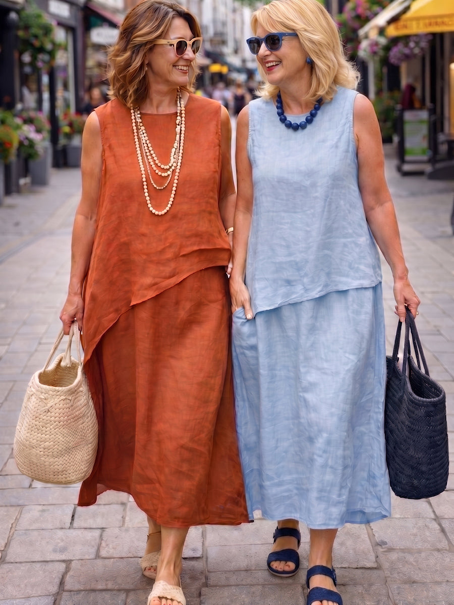 Minimalist & Elegant Faux Two-piece Cotton-linen Midi Dress