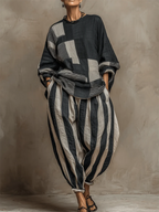 Artistic Stripe Print Cotton-linen Two-piece Set