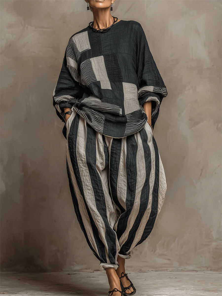 Artistic Stripe Print Cotton-linen Two-piece Set
