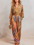 Boho Vintage Print Shirt & Wide-Leg Pants Two-Piece Set