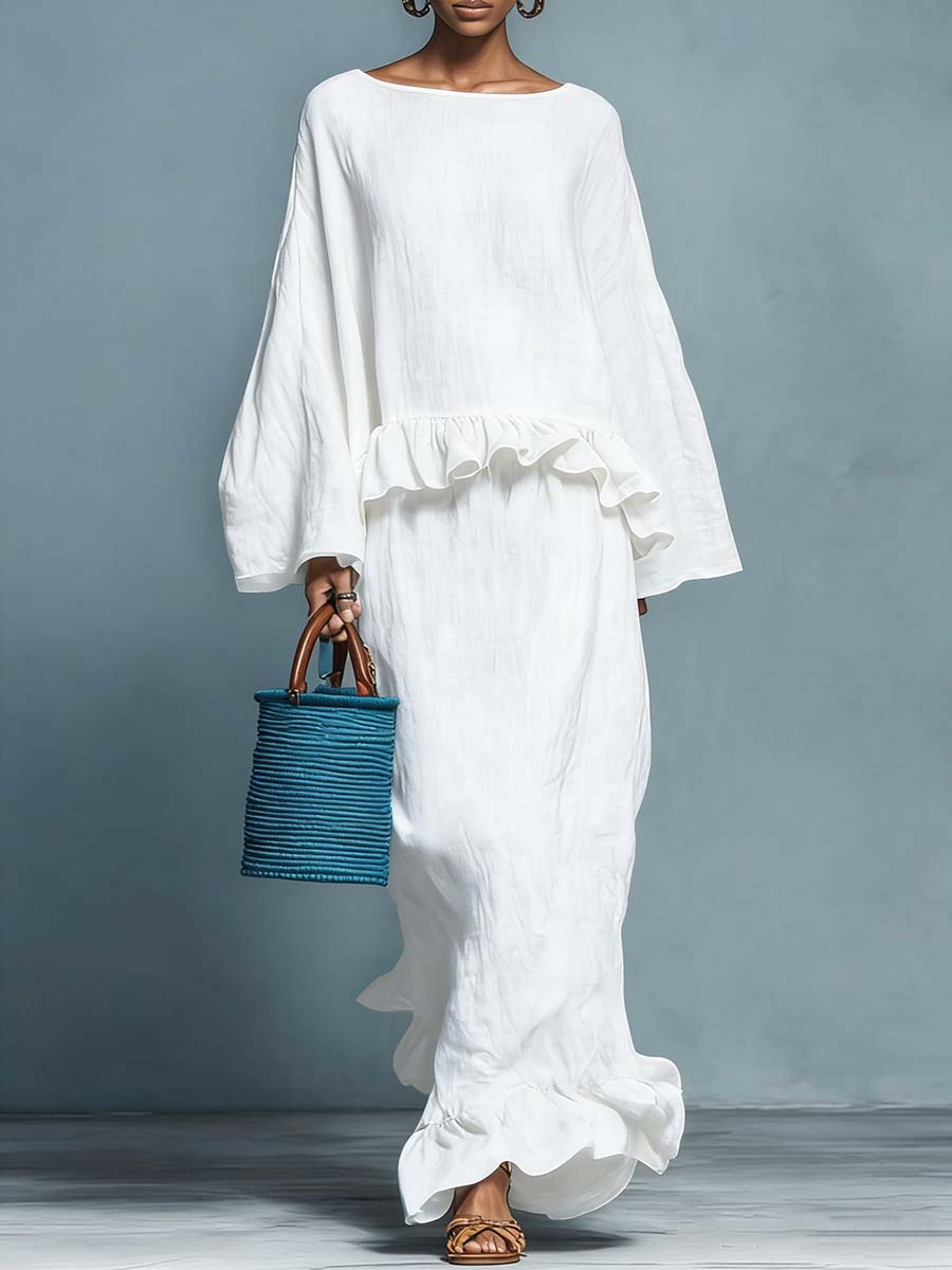 Women's Round Neck Long Sleeve Casual Loose Top And High Waist Casual Loose Skirt Cotton Linen Set