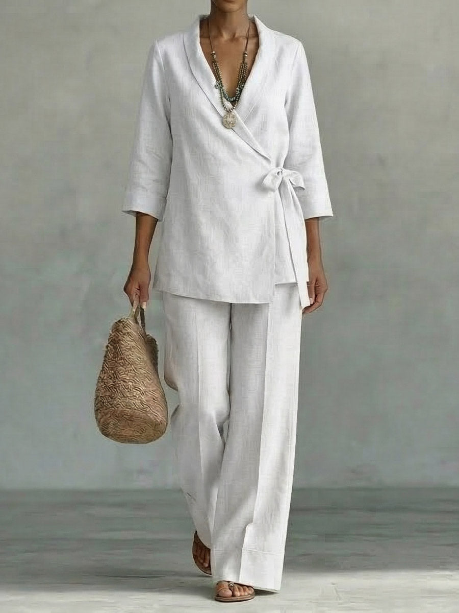 Cotton Linen V-neck Tie-front Top And Casual Trousers Set