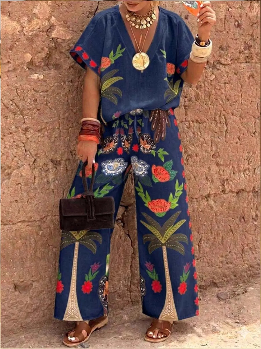 Women's Casual Cotton-linen Set: V-neck Short-sleeve Loose-fit Top With Placement Print & Elastic-waist Wide-leg Pants