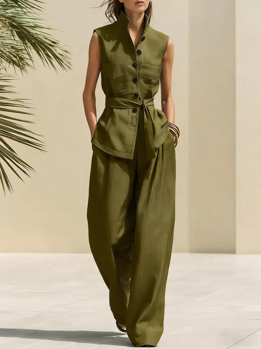 Casual Vacation Light Cotton And Linen Top And Wide-leg Pants Set