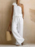 Womenâs Bohemian White Linen-Blend Two-Piece Set â One-Shoulder Top with 3D Floral & Drawstring Waist Pants