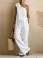 Womenâs Bohemian White Linen-Blend Two-Piece Set â One-Shoulder Top with 3D Floral & Drawstring Waist Pants