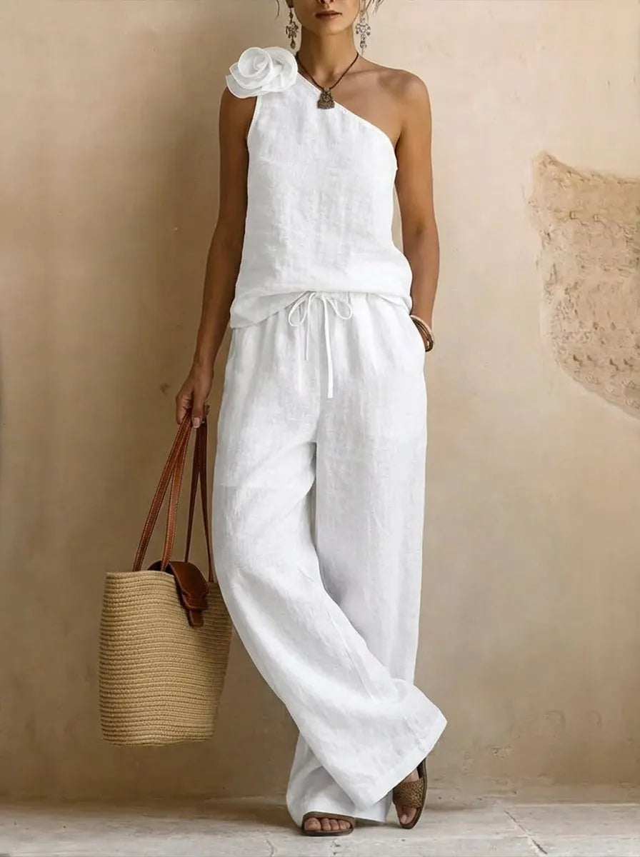 Womenâs Bohemian White Linen-Blend Two-Piece Set â One-Shoulder Top with 3D Floral & Drawstring Waist Pants