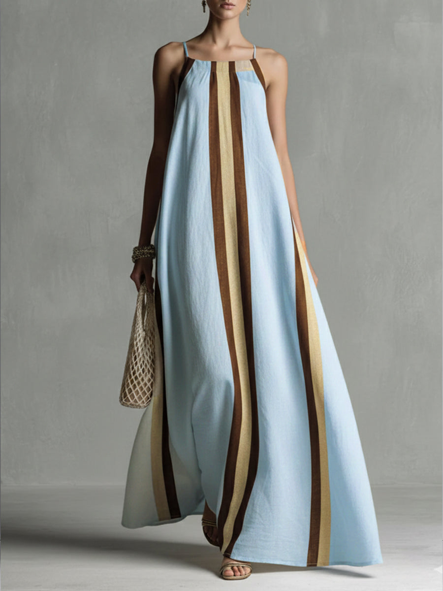 Casual Striped Linen And Cotton Maxi Sleeveless Dress