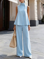 Women's Solid-color Cotton-linen Set: Stand-collar Sleeveless Loose-fit Top & Elastic-waist Wide-leg Pants