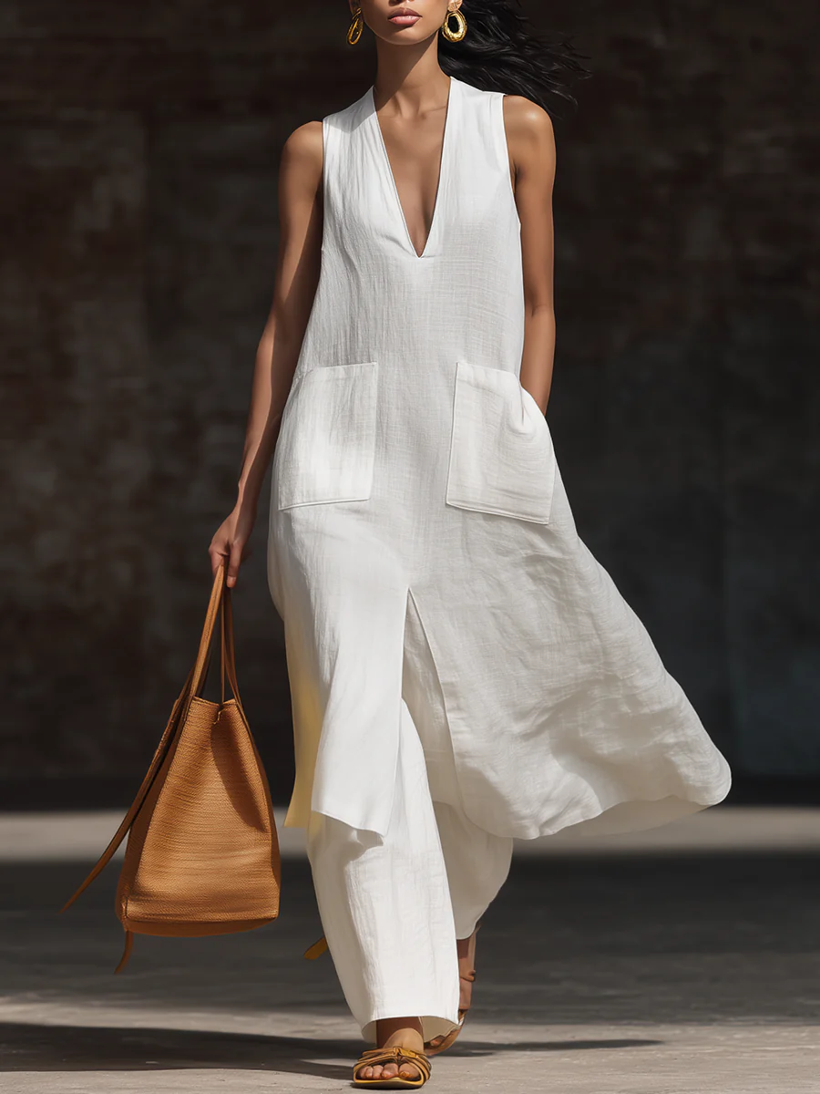 Stylish V-neck Long Shirt And Wide-leg Pant Linen Two-piece Set