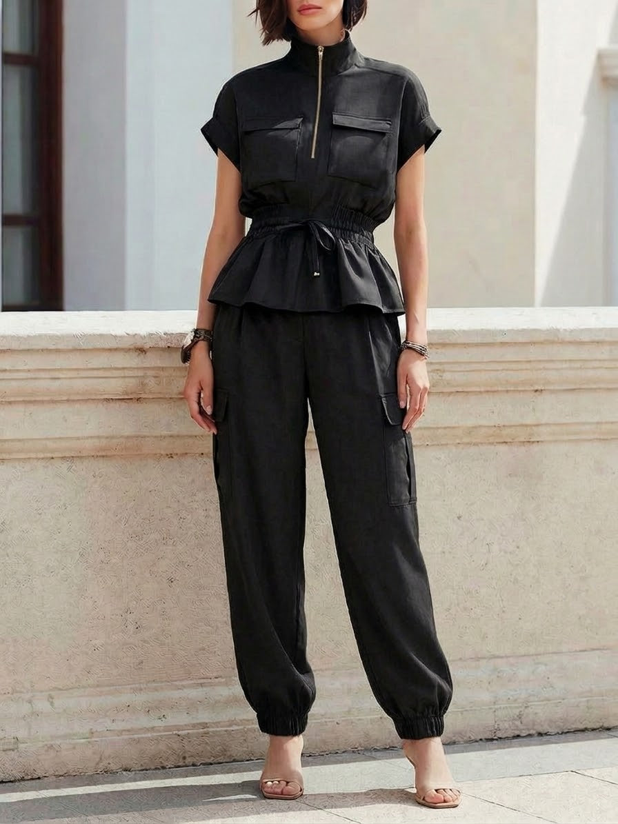 Casual Workwear Style Half-zip Top And Pants Two-piece Set