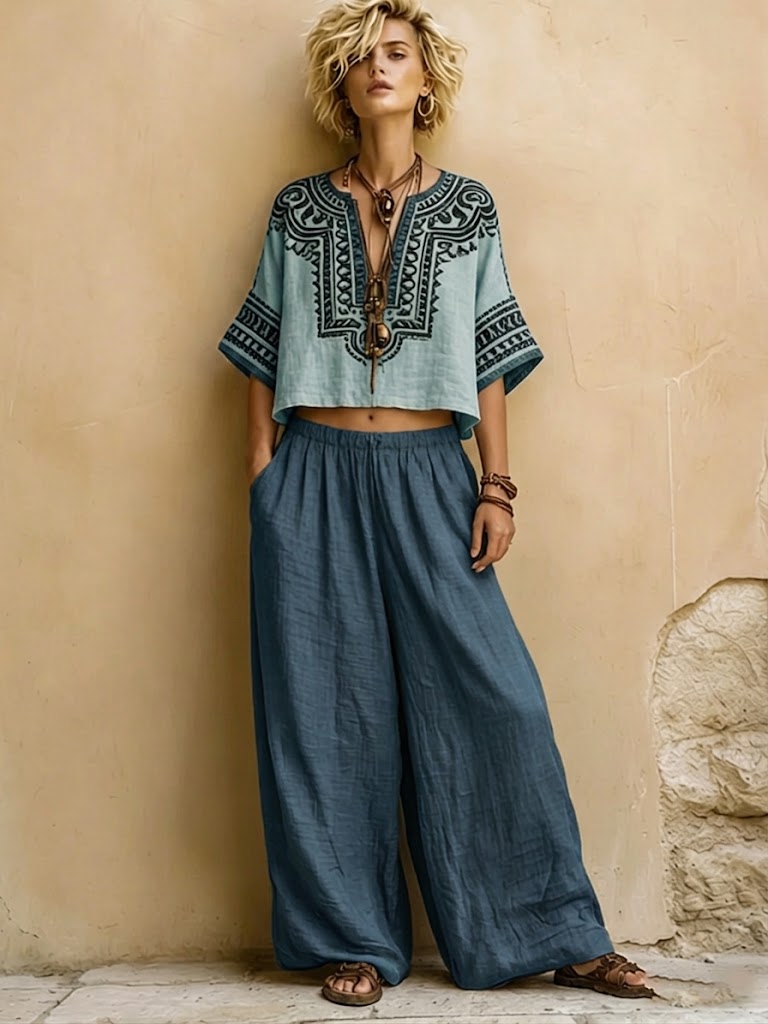 Bohemian Ethnic-print Linen And Cotton Shirt And Pants Two-piece Set