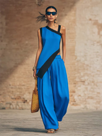 Stylish Irregular Contrast-color Trim Cotton-linen Two-piece Set