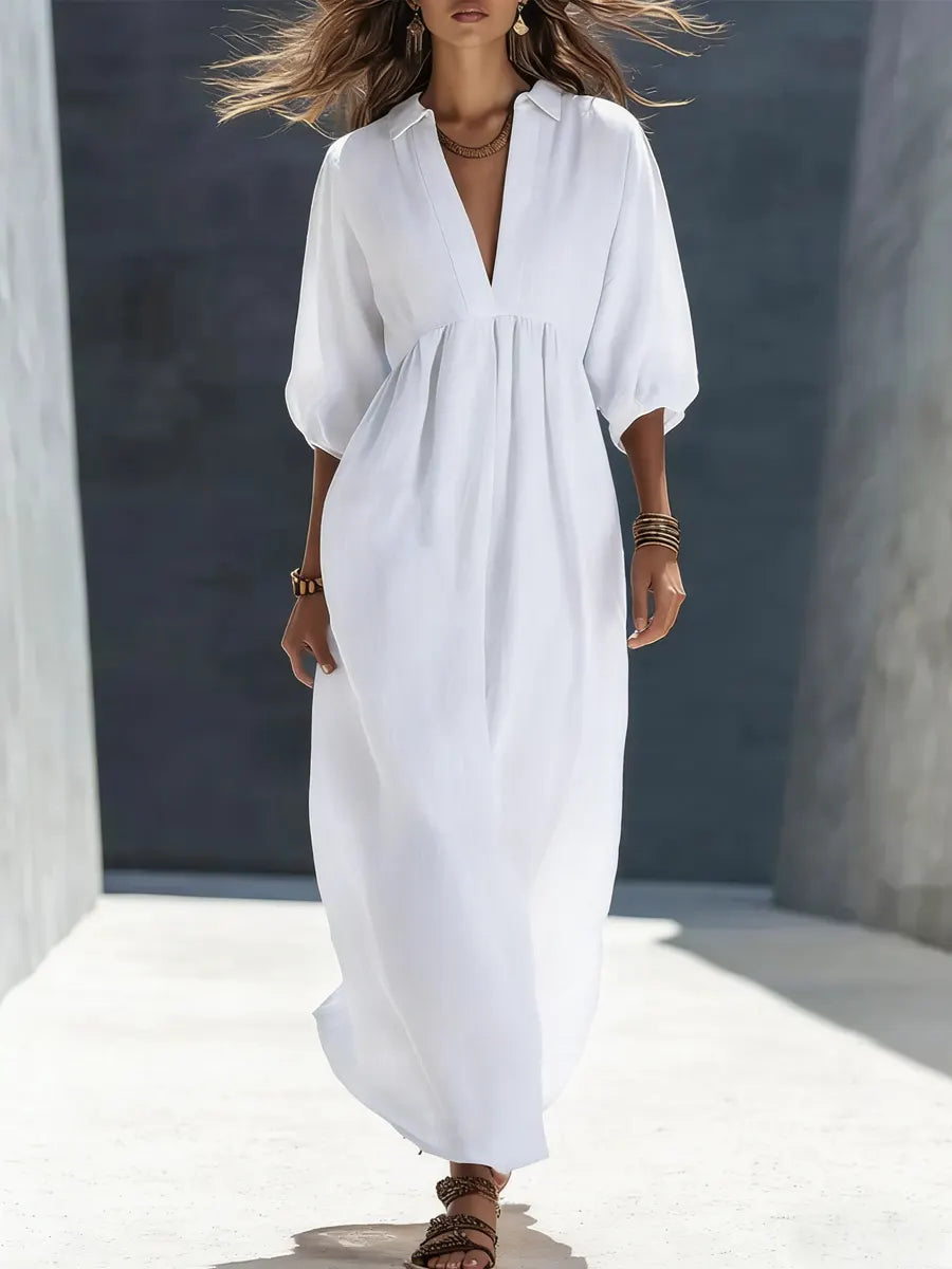 Women's V-neck Mid-sleeve Cotton And Linen Dress