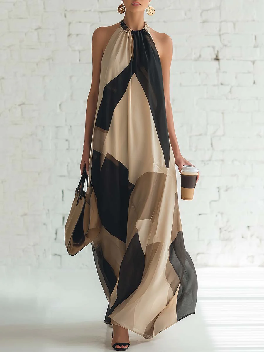 Artistic Color-blocked Vacation Halter Neck Maxi Dress