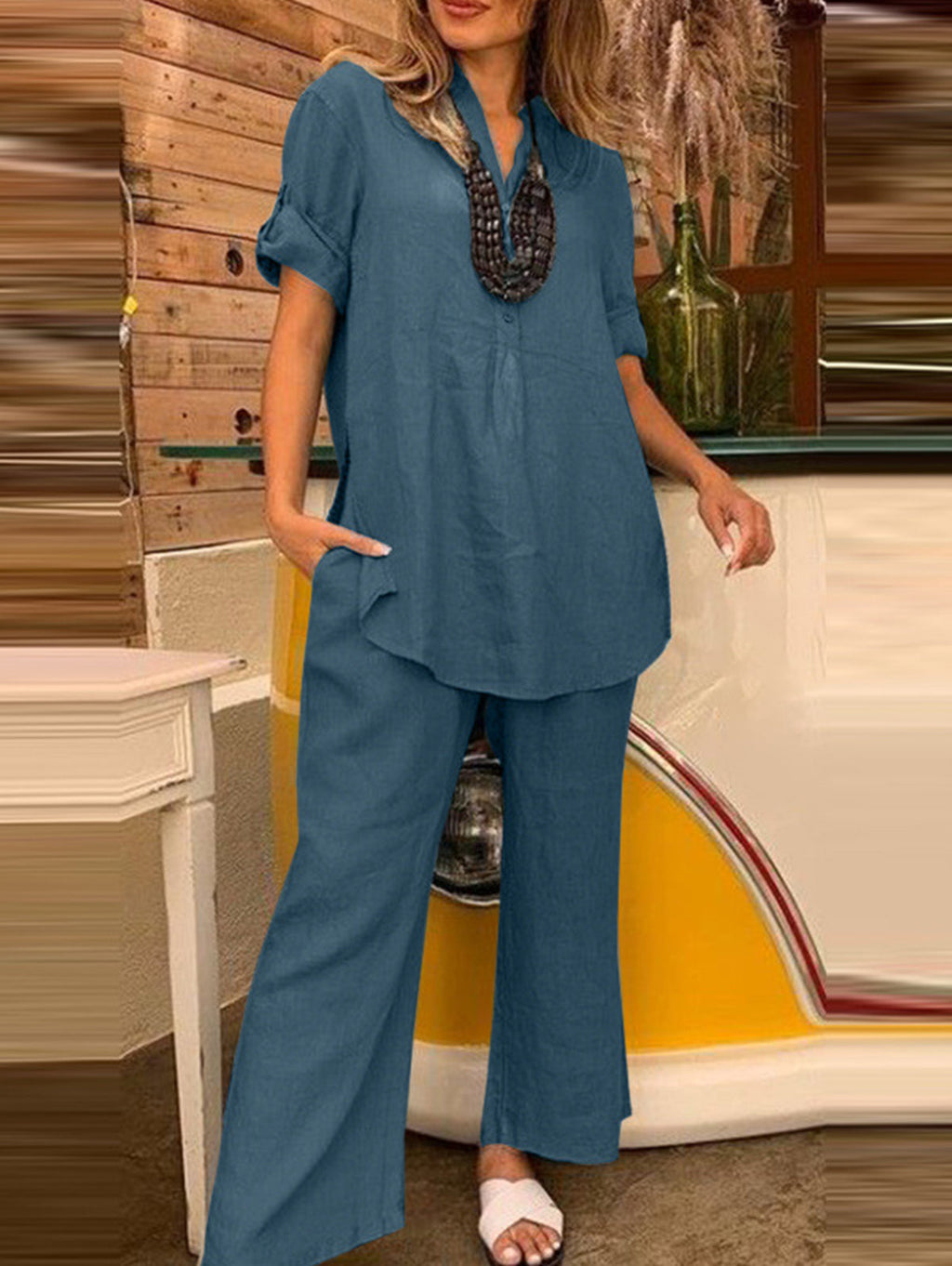 Casual Loose Cotton Top And Wide-leg Pants Set