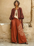 Bohemian Three-piece Set: Ethnic-print Cotton-linen Long Cardigan, Sleeveless Top, And Trousers