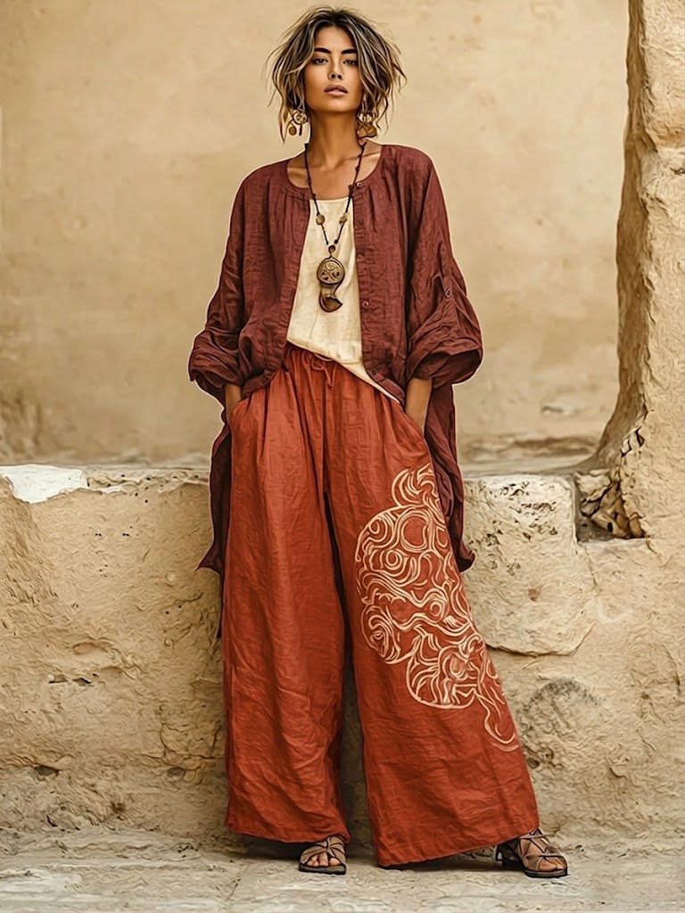 Bohemian Three-piece Set: Ethnic-print Cotton-linen Long Cardigan, Sleeveless Top, And Trousers