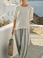 Women'S Loose Slit Contrast Striped Pants Set
