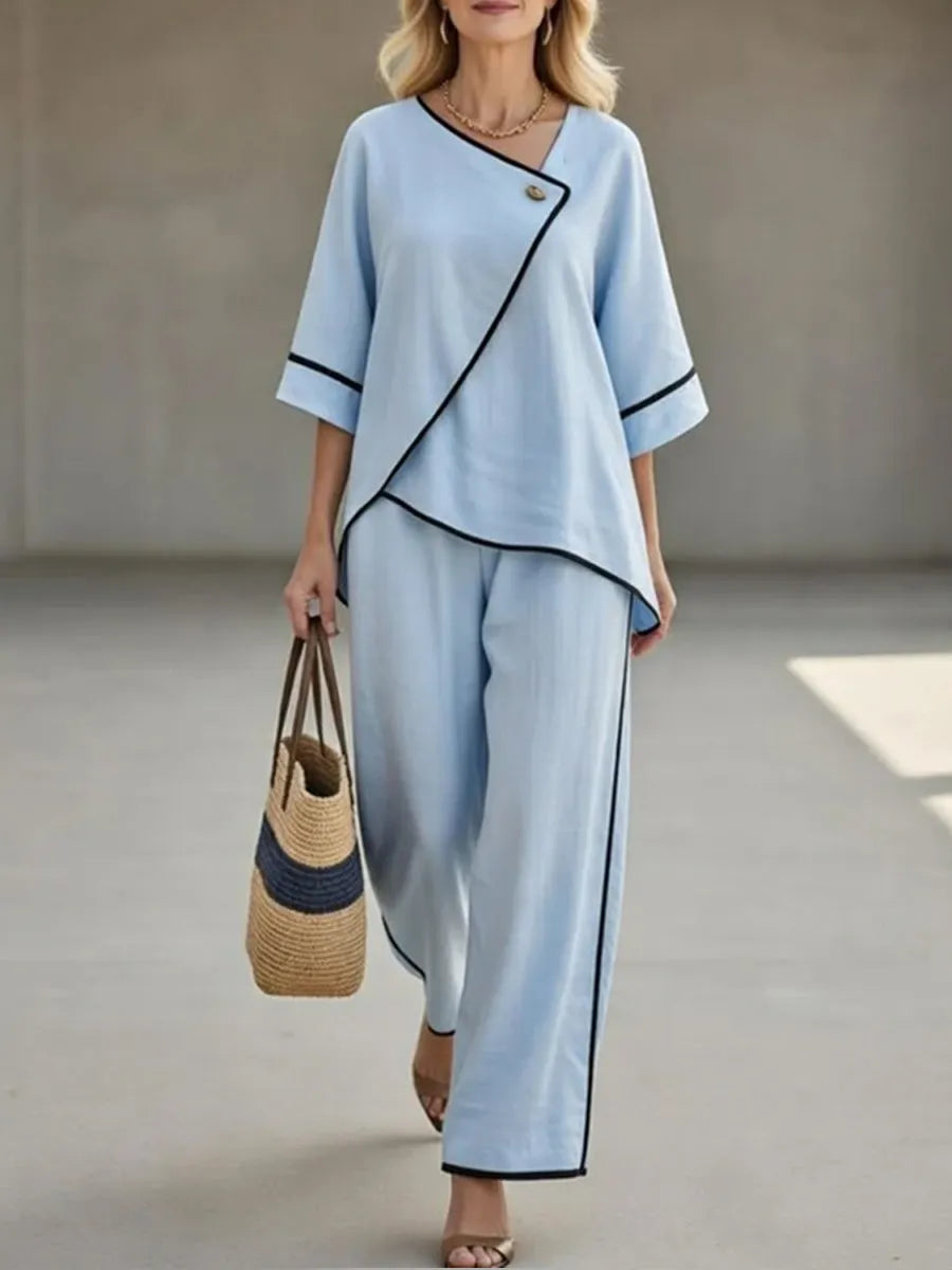 Casual Black Linen And Cotton Asymmetrical Collar Top And Pants Set